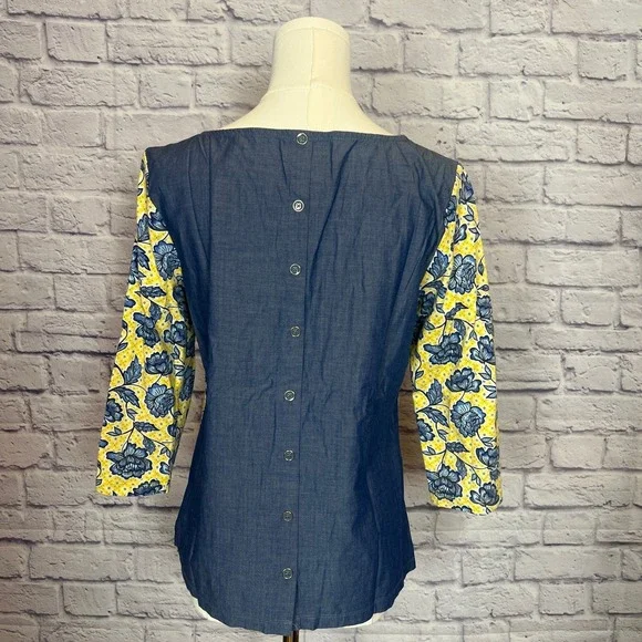 Talbots Petites Women's SP Yellow Blue Floral Top Preppy Classic - Picture 3 of 7